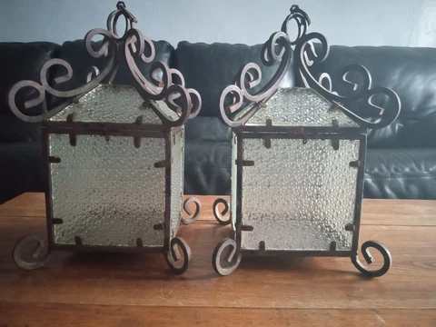 LARGE Pair Wrought Iron Pressed Glass Candle Lanterns 1920's Antique Originals Cover