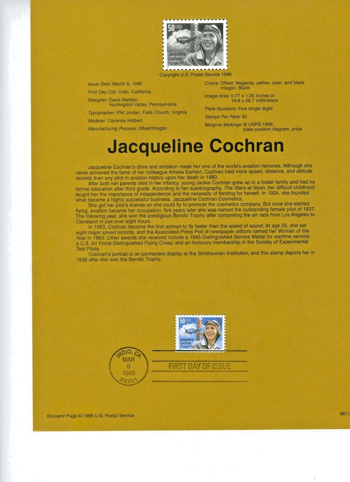 1996 USPS Souvenir Page 50¢ JACQUELINE COCHRAN #9611 w/Watermark Archival - Image 1 of 1