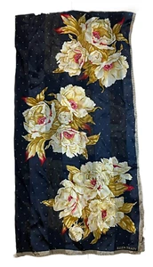 Ellen Tracy 56"x14" Floral Silk Scarf Blue Background & Tan Flowers - Picture 1 of 8