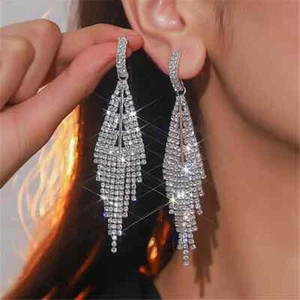 Crystal Stud Drop Earrings Silver Party Jewelry Prom Rhinestone Pageant Wedding - Picture 1 of 8