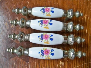 Vintage Porcelain Floral Drawer Pulls Handles Chrome 4X - Picture 1 of 3