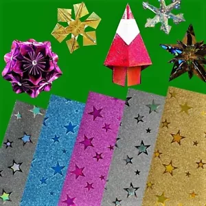 Star Holographic Metallic Glitter Gold Foil ORIGAMI Chiyogami Christmas 15cm - Picture 1 of 8