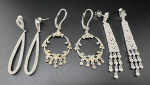 STERLING SILVER 925 WHITE DIAMOND DANGLE POST LEVERBACK CHANDELIER EARRINGS LOT - Picture 1 of 5