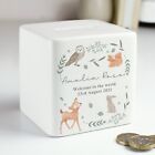 Personalised Woodland Animals Ceramic Square Money Box New Baby Christening Gift