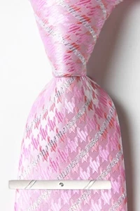 New Classic Striped Pink Silver JACQUARD WOVEN 100% Silk Men's Necktie Tie - Picture 1 of 6