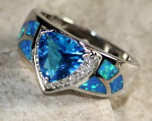 SILVER Elegant Blue Fire Opal & Royal Blue Topaz Ring Size 8, WR40704 - Picture 1 of 3