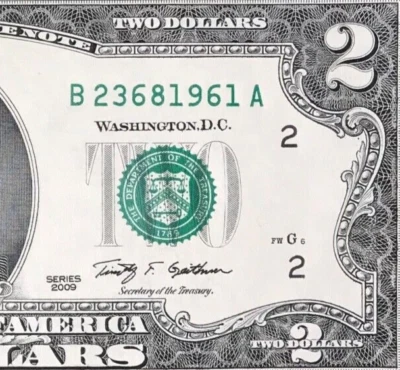 TRAILING YEAR 1961 (B 2368 1961 A) $2 Two Dollar Bill Serial Number 2009 *UNC* - Image 1 of 3