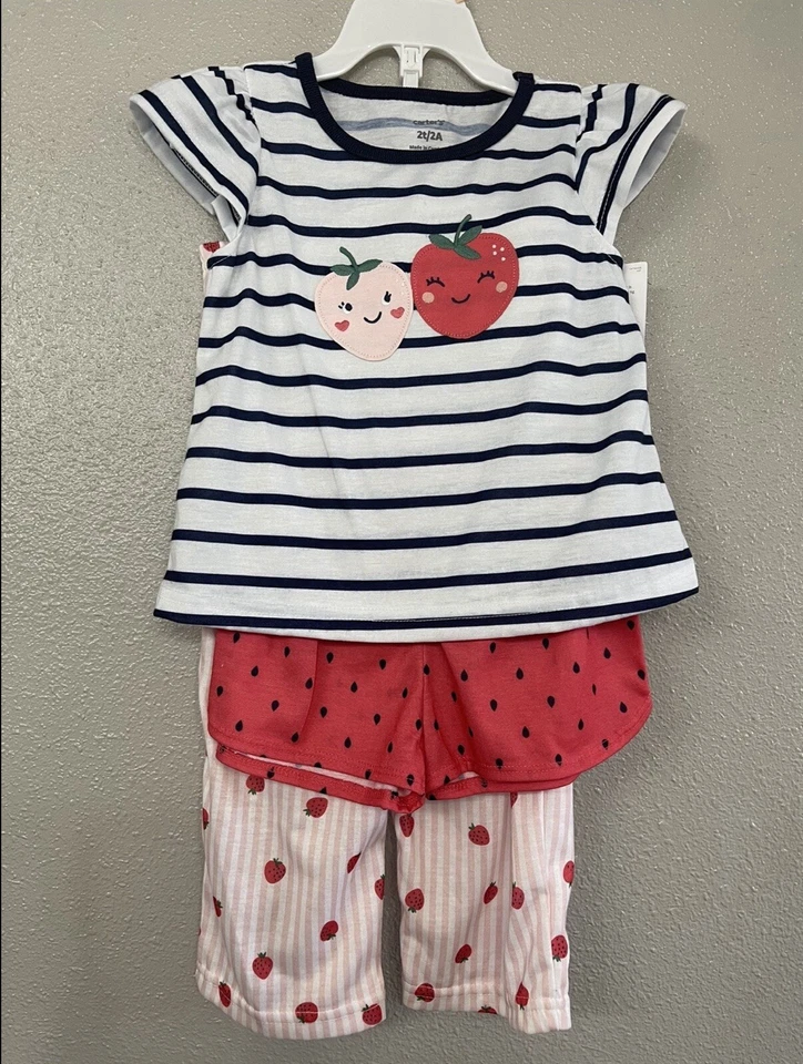 Conjunto de pijama de fresa superior e inferior de 3 piezas Carter's para niñas pequeñas talla 2T 3T 4T Foto 1 de 1