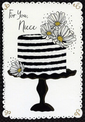 Tarjeta de cumpleaños sobrina pastel blanco y negro con flores amarillas y blancas Foto 1 de 2