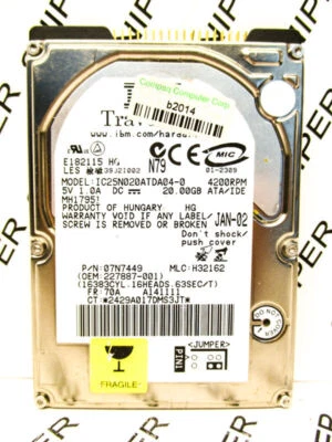 IBM 20GB TravelStar IC25N020ATDA04 IDE 07N7449 Laptop Hard Drive WIPED & TESTED - Image 1 of 4