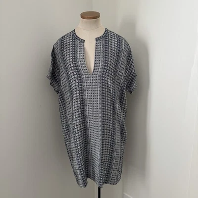 VINCE Women’s Small 100% Silk Blue Patterned Tunic Shift Mini Dress w/ Pockets - Image 1 of 4