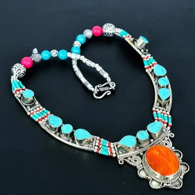 Collana Tibetano Nepalese Argento Sterling 925 Etnico Corallo Giallo... - Immagine 1 di 4