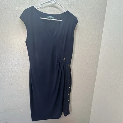 Lauren Ralph Lauren Midi Faux Wrap Dress Gold Buttons Career Jersey Cocktail 12 - Image 1 of 4