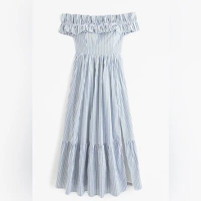 Abercrombie & Fitch Blue White Striped Ruffle Off Shoulder Maxi Dress XL Smocked - Image 1 of 4