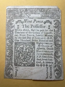 1776 Connecticut Kolonialwährung 9 Pence Schein New London gedruckt von T. Green - Bild 1 von 2