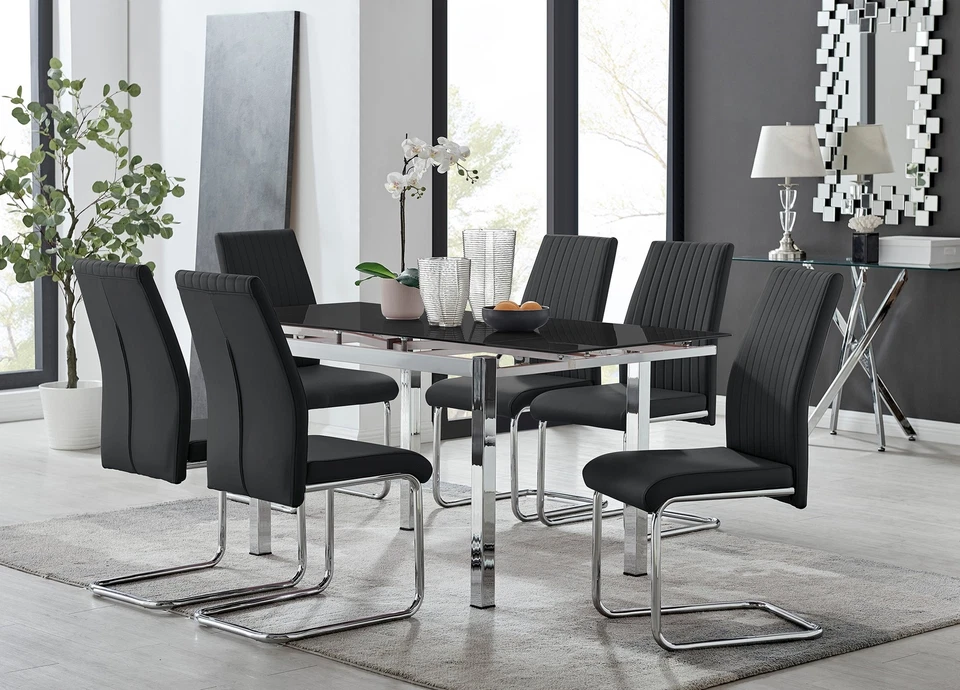 ENNA Black Glass Extending Dining Table & 6 Luxury Lorenzo Dining Chairs - Image 1 of 1