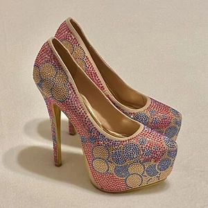 ALBA Platform Rhinestone 6.5" High Heel StilettoShoes Size 9 Pink Blue Gold - Picture 1 of 12
