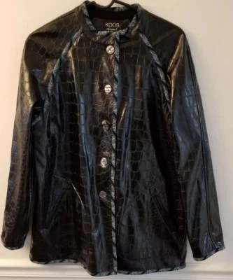 Koos Of Course Jacket Faux Vegan Leather Black Blue Trim Button Front Size M - Image 1 of 4