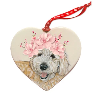 Goldendoodle Labradoodle Dog Porcelain Floral Heart Shaped Ornament Décor Pet Gi - Picture 1 of 2