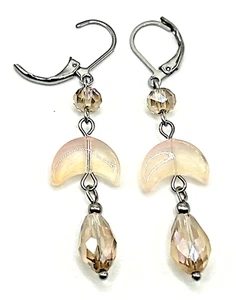 Champagne Glass Crescent Moon Dangle Drop Earrings Stainless Steel Leverbacks - Picture 1 of 4