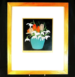ORIGINAL SIGNIERTER HALL THORPE FARBIGER HOLZSCHNITT SCHNEEGLÖCKCHEN & KROKUS - 1922 - Bild 1 von 4