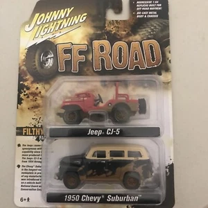 2er PACK JOHNNY LIGHTNING DIECAST 1/64 OFF ROAD JEEP CJ-5 & 1950 CHEVY SUBURBAN - Bild 1 von 5
