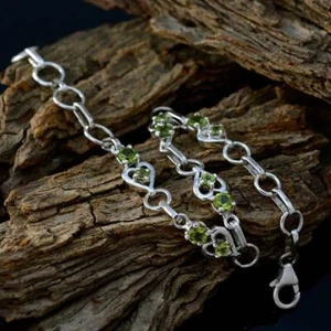 Natural Peridot Stone Silver Bracelet Spring-ring Style Round Shape L 6.5-8 inch - Picture 1 of 4