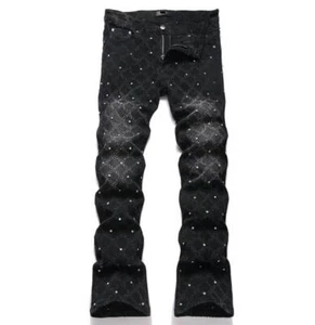 Herren Schwarz Baumwolle Denim Jeans Gerades Bein Strass Stretch Punk Hip Hop Hose - Bild 1 von 10