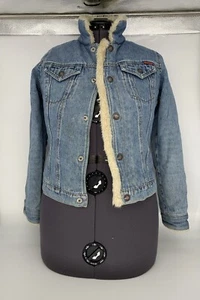 Roxy Jeans Snap Front Denim Jean Jacket Faux Fur Lined Size Medium For Girls - Picture 1 of 12
