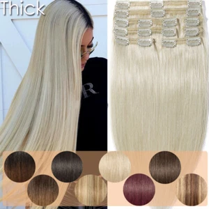 Real AAA++ Clip In 100% Remy Human Hair Extensions Full Head Double Weft Thick W - Picture 1 of 40