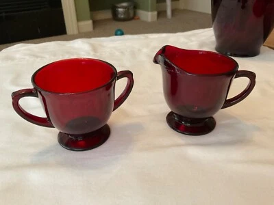Vintage Royal Ruby By Anchor Hocking Red Glass Footed Creamer & Sugar Bowl - Image 1 of 3