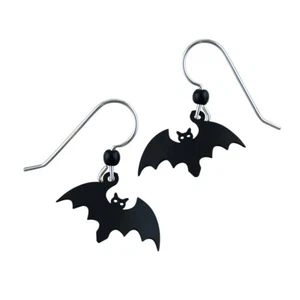 Halloween Black Bat Dangle Earrings - Bats Sterling Silver Ear Wires Handpainted - Picture 1 of 4