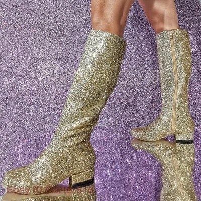 Mujeres Brillo Punta Redonda Tacón Bajo Dorado Cremallera Media Pantorrilla Botas Bling Bling Talla Zapatos Foto 1 de 4