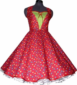 Tanzkleid 50er Jahre zum Petticoat rot weiße Punkte Blumen grün M2 - Bild 1 von 4