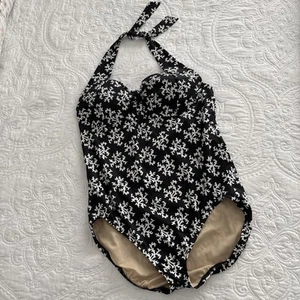Lands End Tummy Control One Piece Swimsuit Black & White Halter Size 14 - Picture 1 of 8