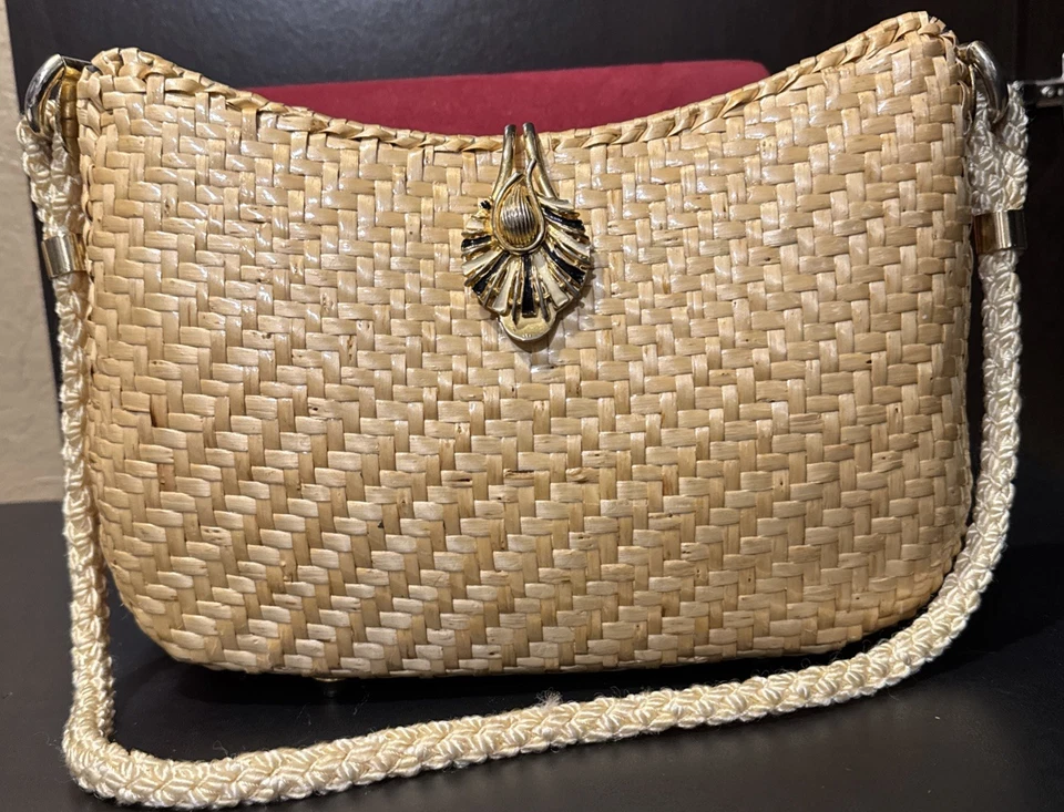 Bolso de Mano Koret Tejido Bambú Estuche Rígido Esmaltado Pestillo Boho Dinero Antiguo Italia De Colección Años 60 Foto 1 de 4