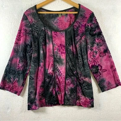 Women Dark Floral Velvet Burnout Top Sz L Black Fuscia Whimsigoth Fairy Grunge  - Image 1 of 4