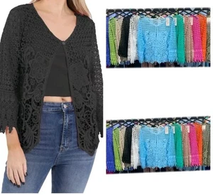 NEW LADIES SUMMER CASUAL FLORAL LACE CROCHET SHORT CARDIGAN BELERO SHRUG TOP - Picture 1 of 3