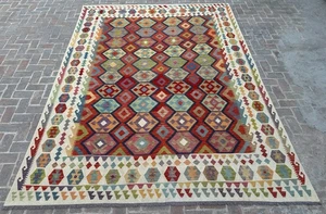 10x13 Fuß Orientalisch Modern Handgewebt Afghanisch Bunt Traditionell Wollbereich Kelim - Bild 1 von 13