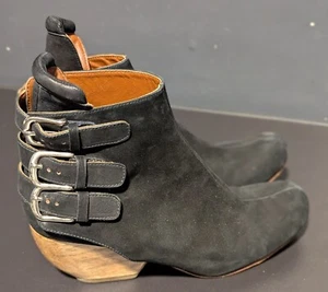 Rachel Comey Black Suede Leather 3 Strap Ankle Boots Wooden Heels Size 7.5 - Picture 1 of 21