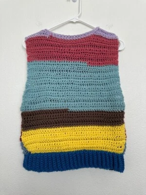 Handmade Colorblock Sweater Vest Sleeveless Crochet Blue Pink Boho Women Medium - Image 1 of 4