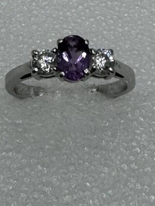 Vintage Sterling Silver 7x5mm Amethyst With Cz Accents Size 8 - Picture 1 of 6