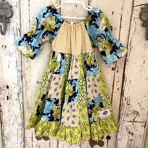 I Dream To Be A Diva Girls Sz 6 Blue Green Beige Floral Twirl Ruffle Bell Dress - Picture 1 of 6