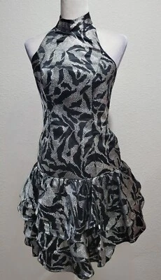 Lillie Rubin Black And Silver Halter Dress Vintage Size 6 Satin Above Knee Prom - Image 1 of 4