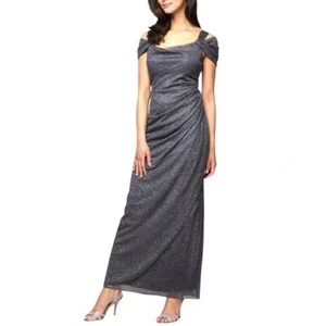 Alex Evenings Women Dress Size 8 Gray Glitter Cold Shoulder Draped Cocktail Gown - Picture 1 of 7