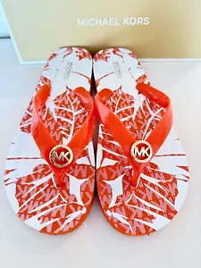 NIB MICHAEL KORS MK FLIP FLOPS SANDALS PALM TREE PRINT ORANGE POUNCH 8 - Picture 1 of 6