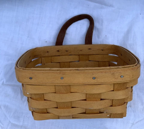 Vintage Longaberger 1999 Key Mail Hanging Basket w Leather Strap Handle Hook 7" Cover
