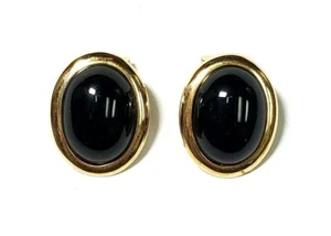 14k Yellow Gold Cabochon Onyx Omega Back Earrings - Picture 1 of 5