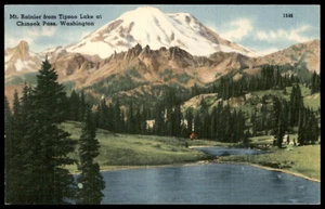 Postcard Linen Mt. Rainier Tipsoo Lake at Chinook Pass, Washington UNP - Picture 1 of 2
