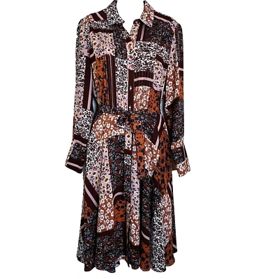 Vestido Nanette Lepore Floral Patchwork En Sangría Boho Abotonado Midi Talla 6 Foto 1 de 4